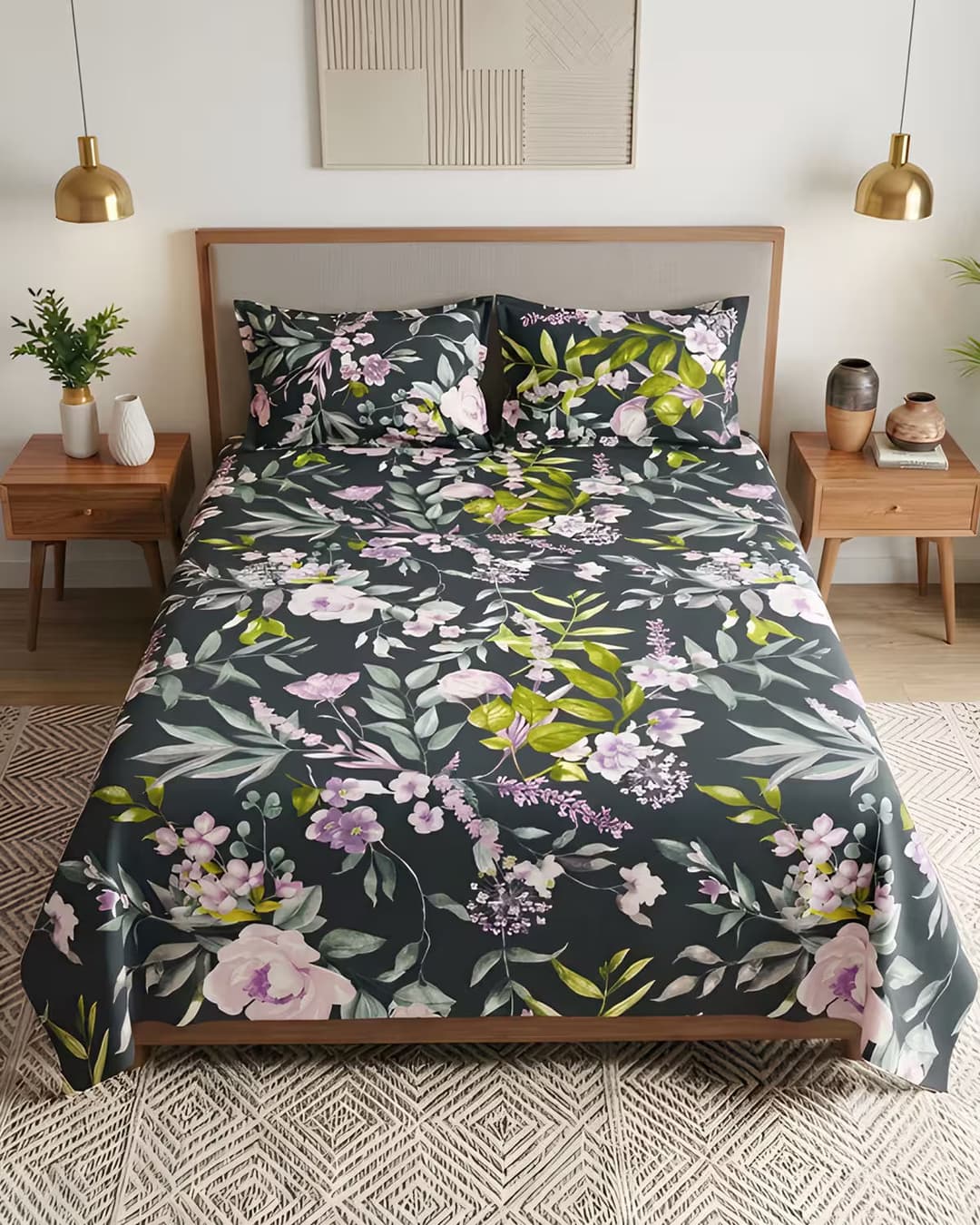 Charcoal Black Floral Cotton Bed Cover Set
