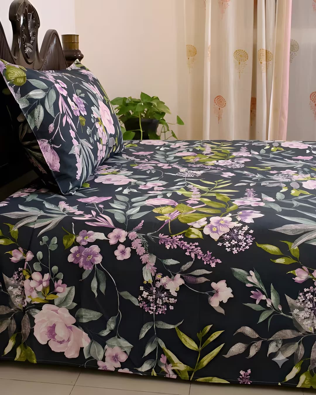 Charcoal Black Floral Cotton Bed Cover Set - hover