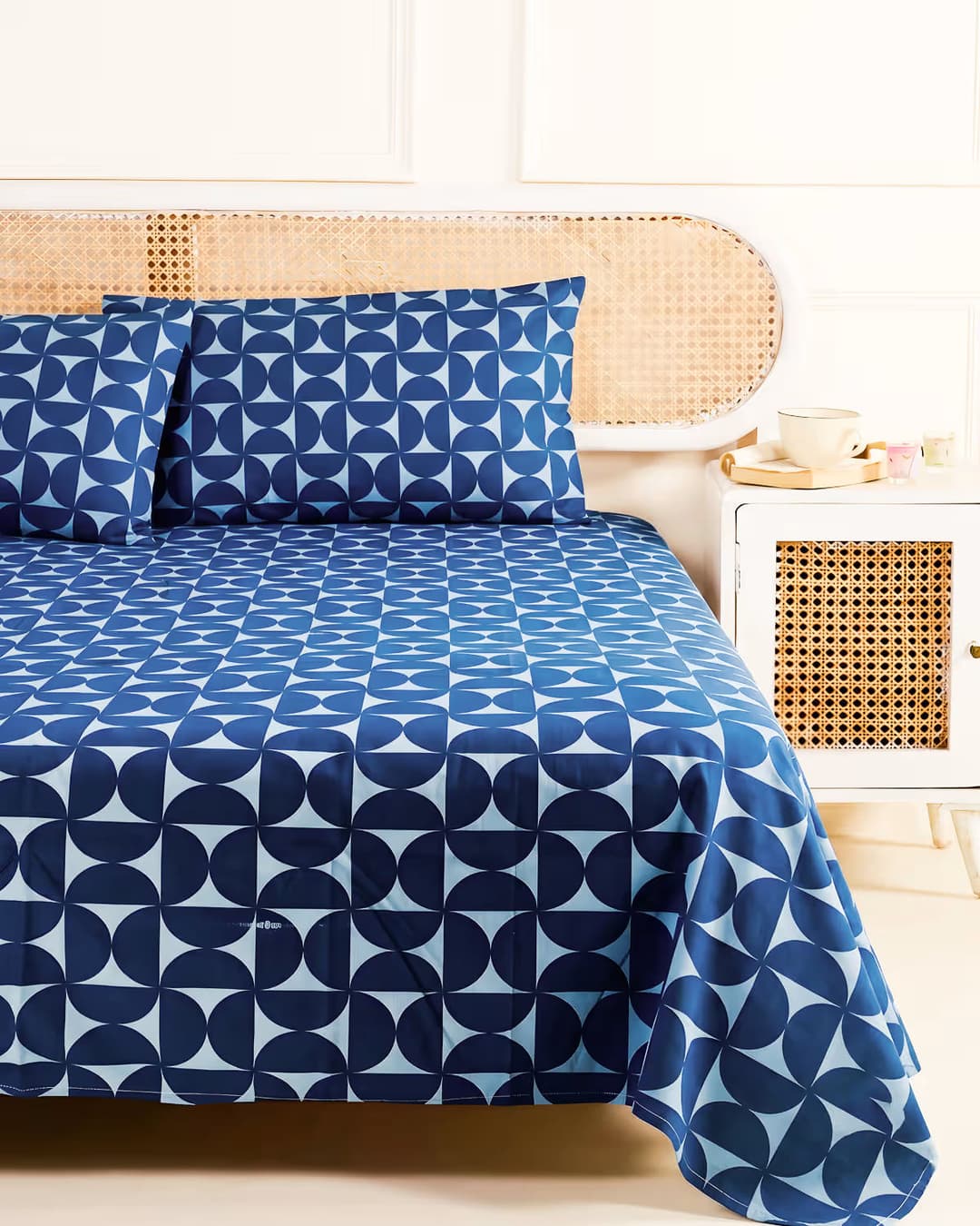Indigo Blue Geometric Cotton Bed Cover Set