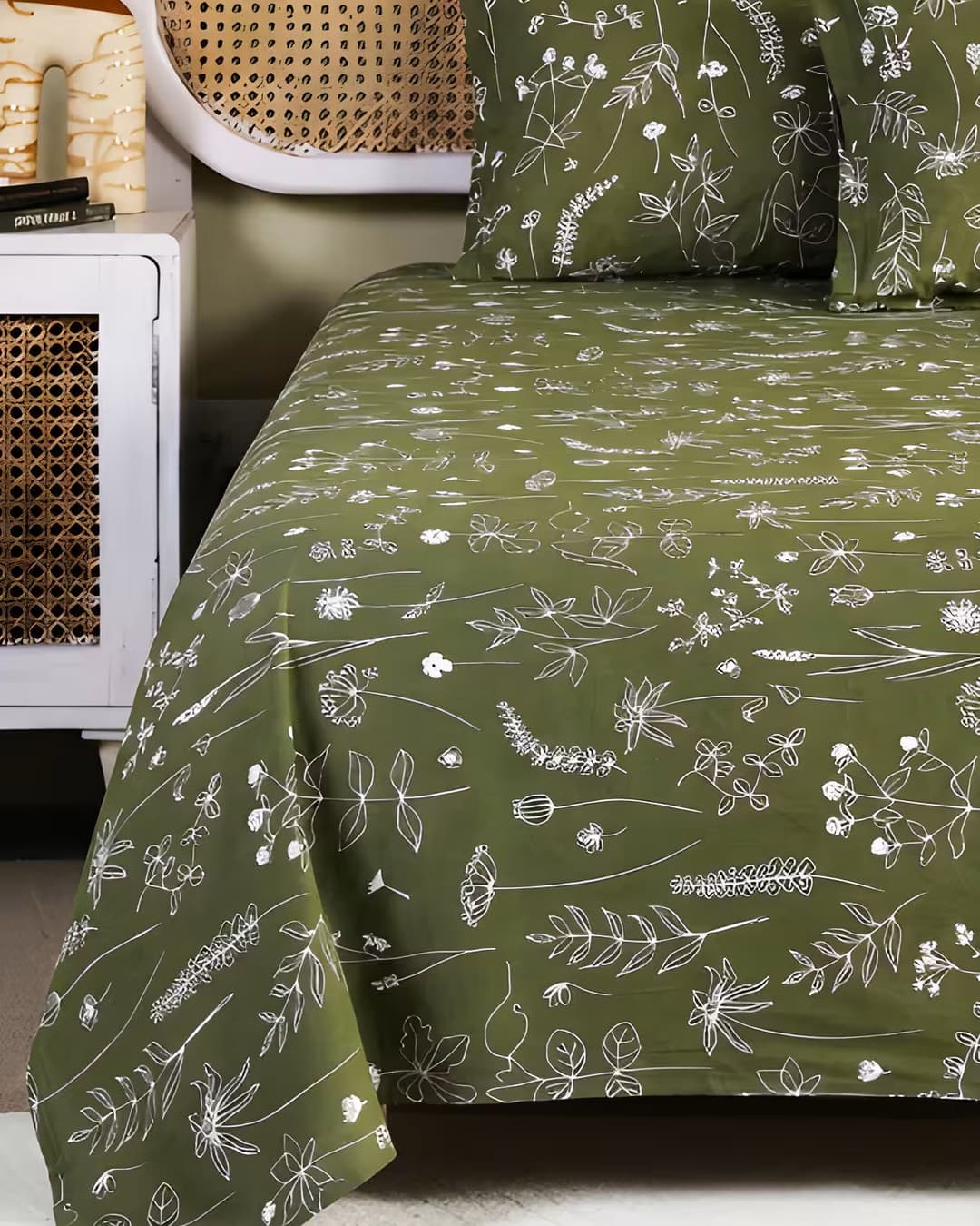 Olive Green Floral Cotton Bed Cover Set - hover