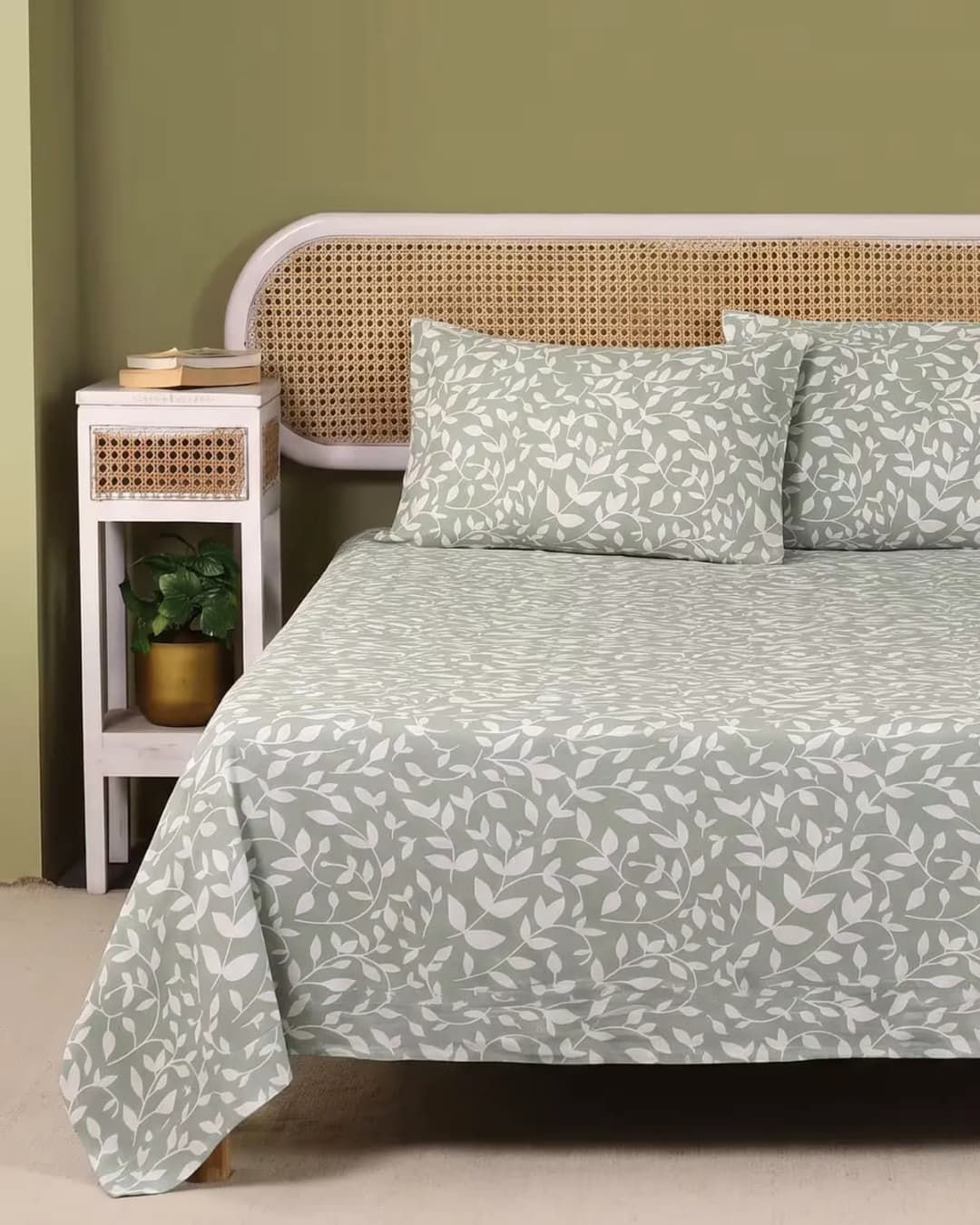 Sage Green Floral Cotton Bedsheet Set view 3