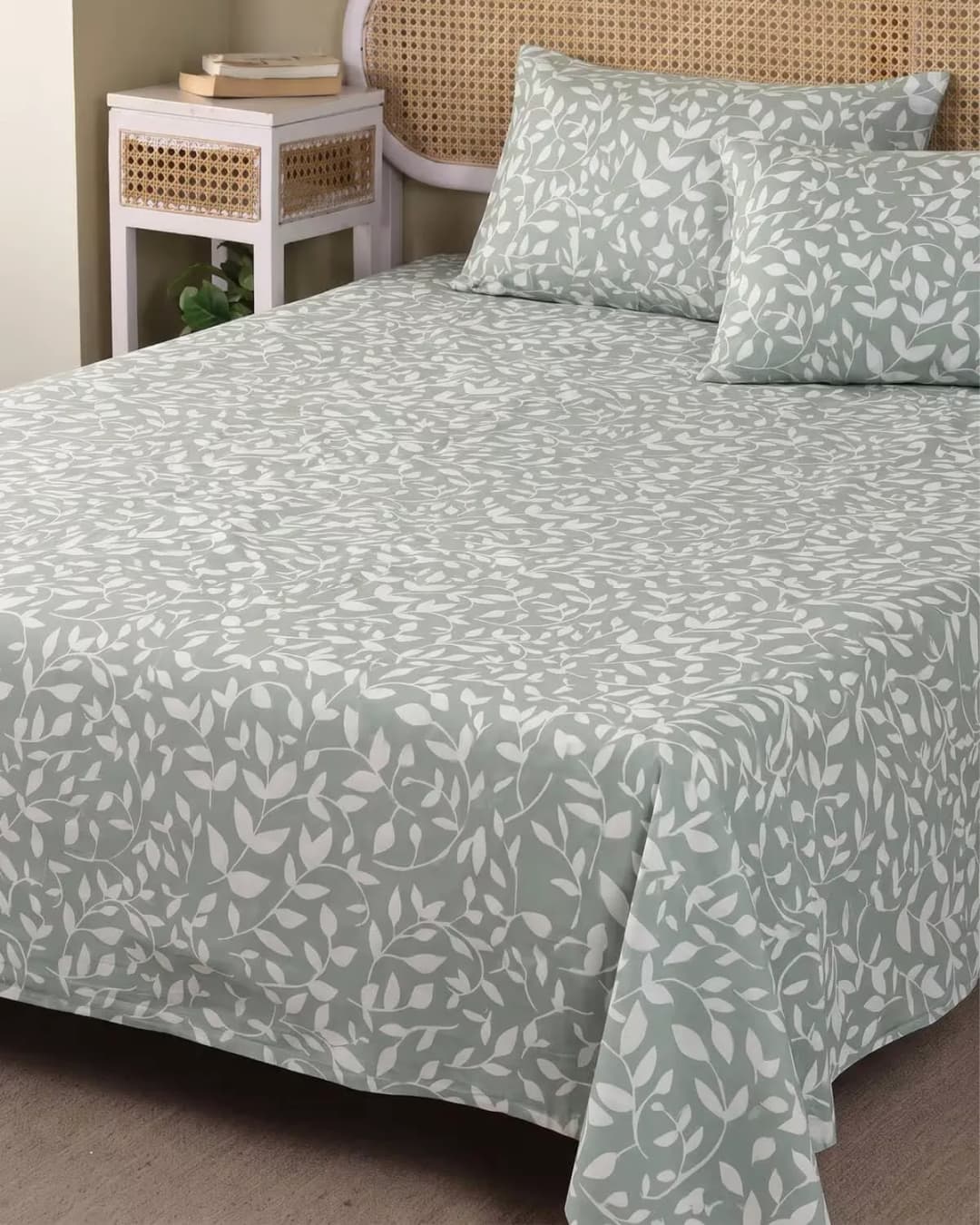 Sage Green Floral Cotton Bedsheet Set view 2