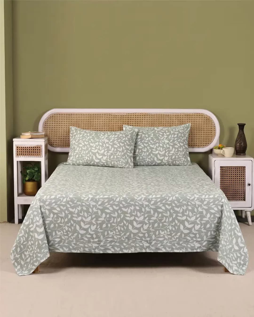 Sage Green Floral Cotton Bedsheet Set view 1